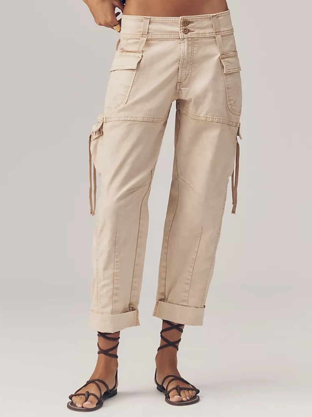 Pilcro Beige Cargo Capris with Tie-Detail Sides